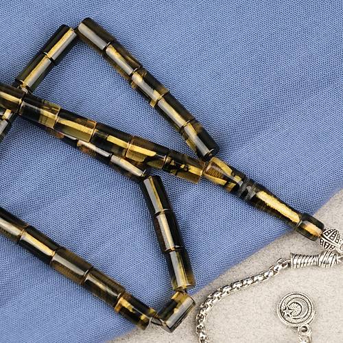 Ate� Kehribar Alpaka P�sk�ll� Kesme Kesim 6x10mm Tesbih - Koyu Sar� - Siyah