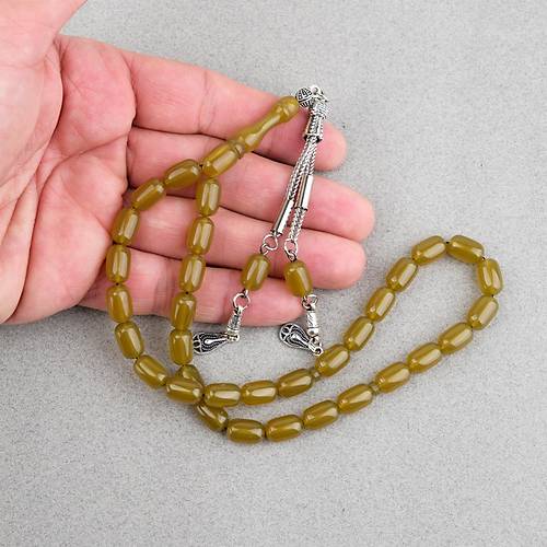 S�kma Kehribar Kaps�l Kesim Alpaka P�sk�ll� 7x11mm Tesbih Ya� Ye�ili