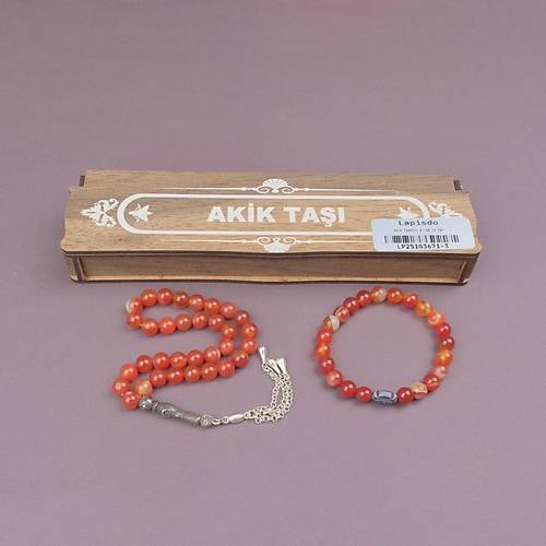 Akik Do�al Ta� Bileklik+ Tesbih Set Kahverengi Ah�ap Kutulu