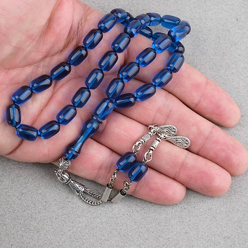 S�kma Kehribar Kaps�l Kesim Alpaka P�sk�ll� 7x11mm Tesbih Petrol Mavisi