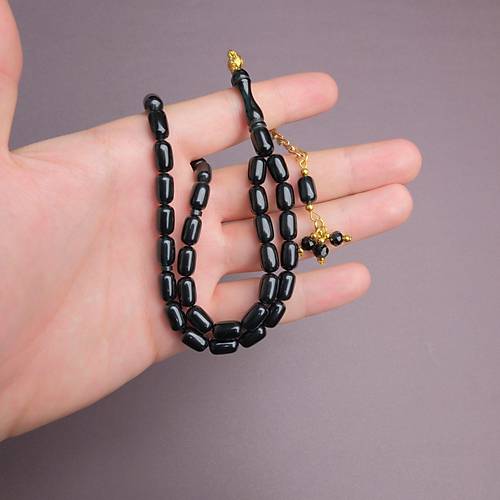 S�kma Kehribar Kaps�l Kesim Alt�n Renk P�sk�ll� 7x11mm Tesbih Mavi Yans�mal� Siyah