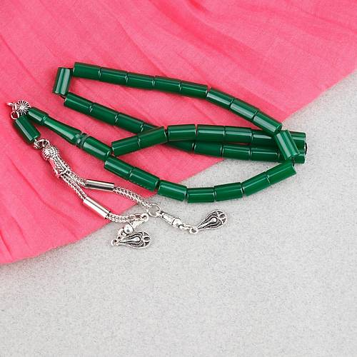 S�kma Kehribar Kesme Kesim Alpaka P�sk�ll� 6x10mm Tesbih- Ye�il