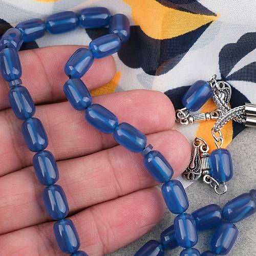 S�kma Kehribar Kaps�l Kesim Alpaka P�sk�ll� 7x11mm Tesbih Mavi