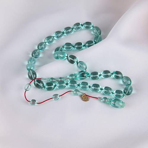 Zar Kehribar Beyzi Kesim 8.5x11mm Tesbih - Su yeili -brahim Yeilnacar Usta i