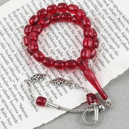 Ate� Kehribar Ayy�ld�z ��lemeli �mame Kaps�l Kesim 9x11mm Tesbih - K�rm�z�