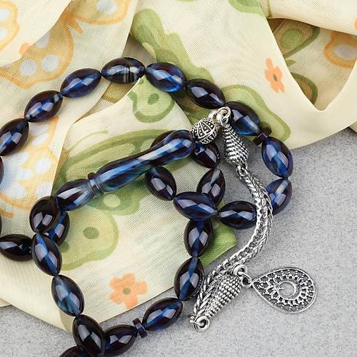 S�kma Kehribar Alpaka P�sk�ll� Beyzi Kesim 7x11mm Tesbih- Lacivert