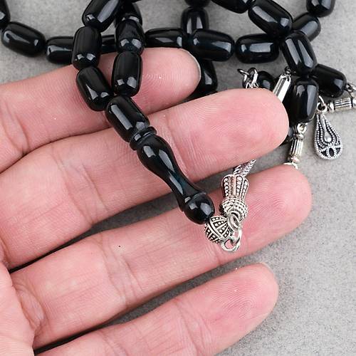 S�kma Kehribar Kaps�l Kesim Alpaka P�sk�ll� 7x11mm Tesbih Mavi Yans�mal� Siyah
