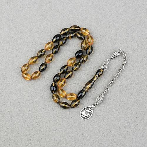 S�kma Kehribar Alpaka P�sk�ll� Beyzi Kesim 7x11mm Tesbih- Sar� Siyah