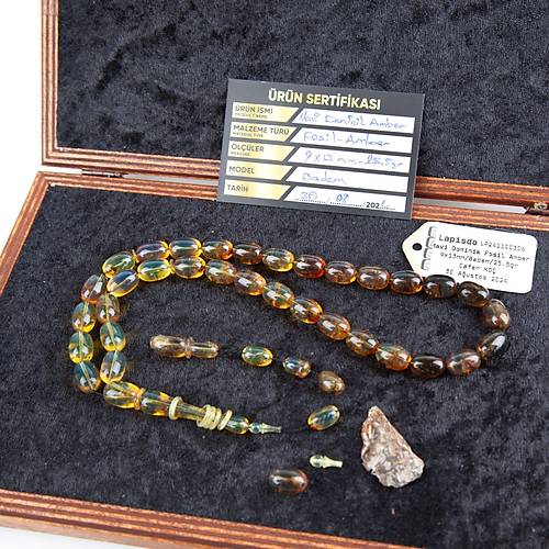 Dominik Mavi Kaya Fosil Amber Badem Kesim 9x13mm Tesbih (25.5gr)