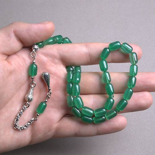 S�kma Kehribar Beyzi Kesim Alt�n Renk P�sk�ll� 7x11mm Tesbih Ye�il