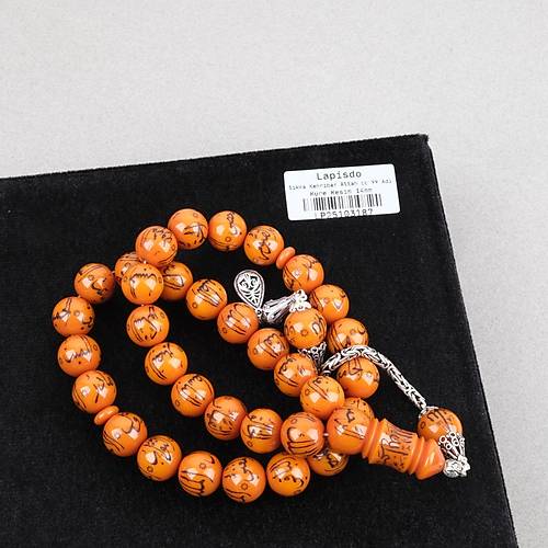 S�kma Kehribar Allah cc 99 ismi Yaz�l� 925Ayar G�m�� P�sk�ll� K�re Kesim 14mm Tesbih