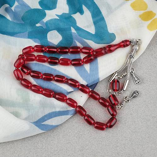 S�kma Kehribar Kaps�l Kesim Alpaka P�sk�ll� 7x11mm Tesbih K�rm�z�