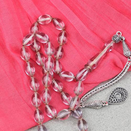 Ate� Kehribar Alpaka P�sk�ll� Beyzi Kesim 7x11mm Tesbih- �effaf Gri