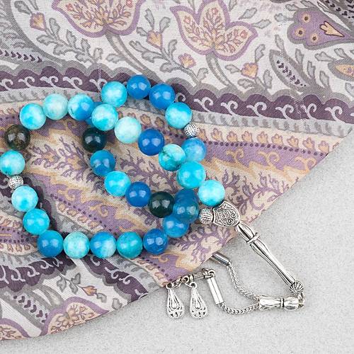 Akik Ta�� K�re Kesim 10mm Tesbih Alpaka P�sk�ll� Turkuaz Mavi