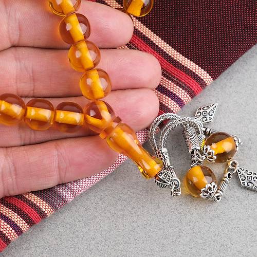 Ate� Kehribar Alpaka P�sk�ll� Kaps�l Kesim 7.5x11mm Tesbih - Bal K�p���