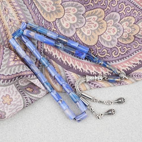 S�kma Kehribar Kesme Kesim Alpaka P�sk�ll� 6x10mm Tesbih Mavi