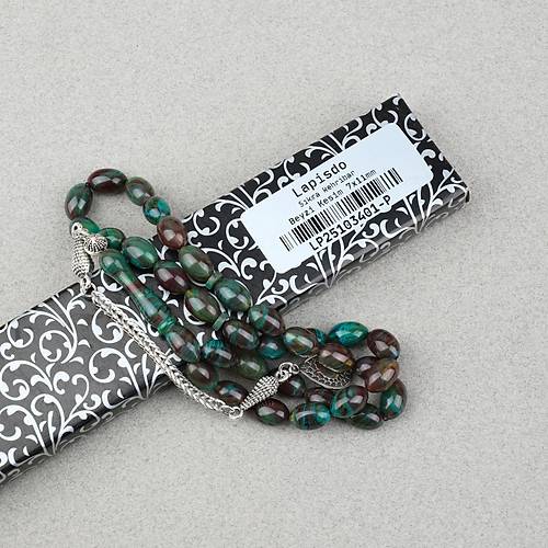 S�kma Kehribar Alpaka P�sk�ll� Beyzi Kesim 7x11mm Tesbih- Krem Ye�il