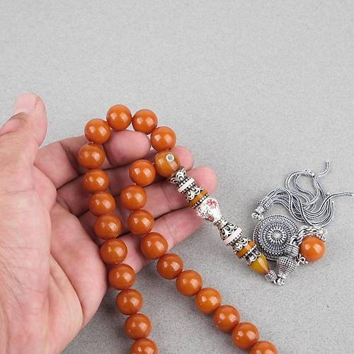 S�kma Kehribar 925Ayar G�m�� P�sk�l �zel G�m�� Nak�� �mame K�re Kesim 13mm Tesbih