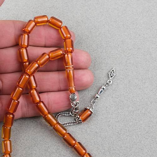 Ate� Kehribar Alpaka P�sk�ll� Kaps�l Kesim 7x10.5mm Tesbih - �effaf Kahverengi