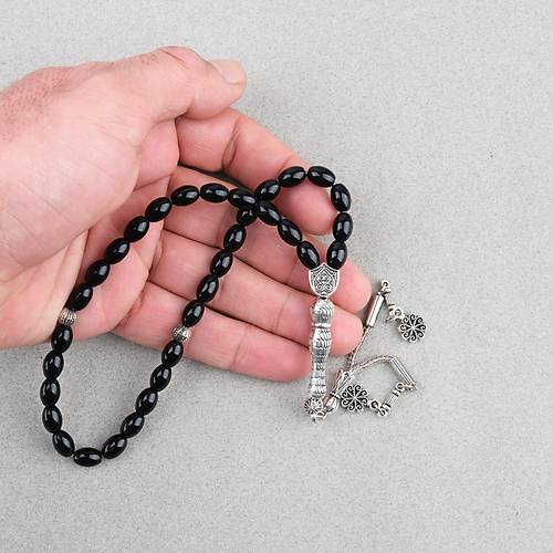 Oniks Ta�� Beyzi Kesim 6.5x9mm Tesbih Alpaka P�sk�ll� Parlak Siyah