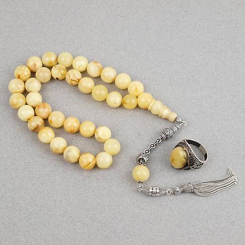 Kaya Damla Kehribar  925 Ayar G�m�� P�sk�l K�re Kesim 13mm Tesbih ve G�m�� Kehribar Y�z�k Seti