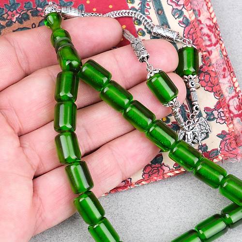 Ate� Kehribar Alpaka P�sk�ll� Kaps�l Kesim 9x12mm Tesbih - �effaf Ye�il