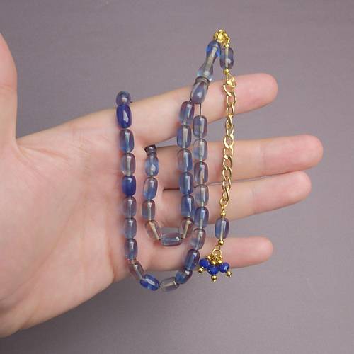 S�kma Kehribar Kaps�l Kesim Alt�n Renk P�sk�ll� 7x11mm Tesbih A��k Mavi