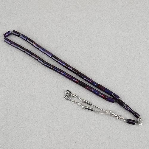 S�kma Kehribar Kesme Kesim Alpaka P�sk�ll� 6x10mm Tesbih Mor