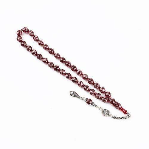 Ate Kehribar 925Ayar Gm akm ve Gm Pskl Bilek Boy Kre Kesim 7x8mm Tesbih -Krmz