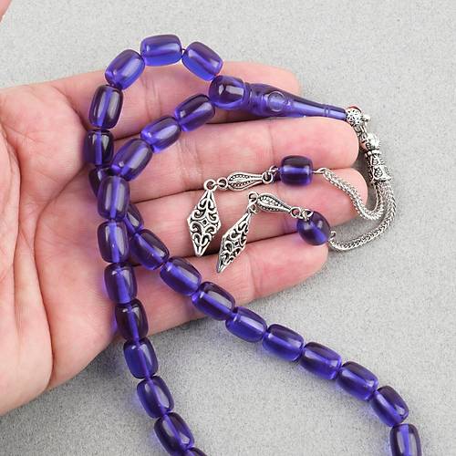 Ate� Kehribar Ayy�ld�z ��lemeli �mame Kaps�l Kesim 9x11mm Tesbih -Parlament Mavi