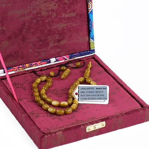 Galalit 1940 D�k�m Eski Frans�z Yumurta Kesim 8x12.5mm Tesbih - Sedefli Gold