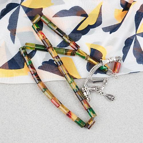 S�kma Kehribar Kesme Kesim Alpaka P�sk�ll� 6x10mm Tesbih Sar� Ye�il