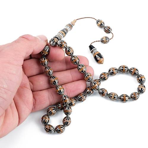 Erzurum Oltu 925Ayar Gm leme ve Kuka lemeli , Nakka mame Beyzi Kesim 9x11.5mm Tesbih