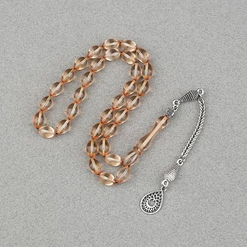 Ate� Kehribar Alpaka P�sk�ll� Beyzi Kesim 7x11mm Tesbih- A��k Sar�