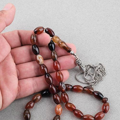 Akik Ta�� Habbe ve �mame Dahil Akik 925Ayar G�m�� P�sk�l F��� kesim 8x11.5mm Tesbih