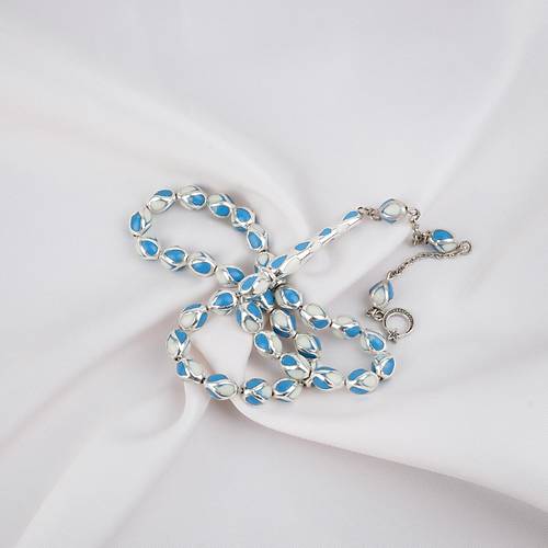 G�m�� Kaplama Kafesli Mine Beyzi 7x9mm Tesbih - Mavi Beyaz