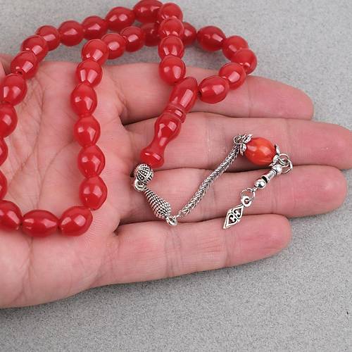 S�kma Kehribar Alpaka P�sk�ll� Beyzi Kesim 9x11mm Tesbih - K�rm�z�