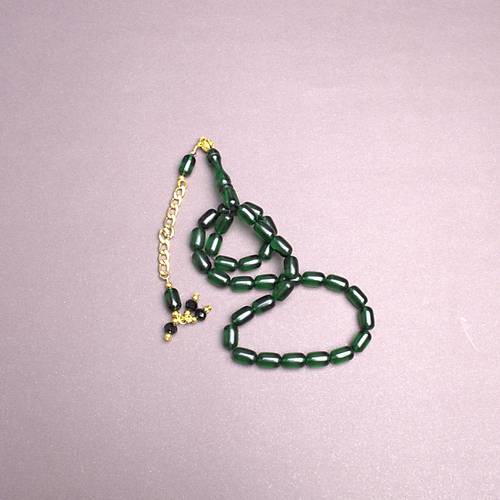 S�kma Kehribar Kaps�l Kesim Alt�n Renk P�sk�ll� 7x11mm Tesbih Koyu Ye�il