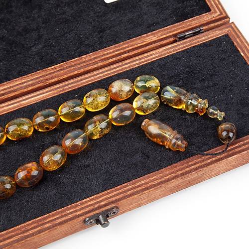 Dominik Mavi Kaya Fosil Amber Badem Kesim  12x15.5mm Maskot Tesbih (26.8gr)