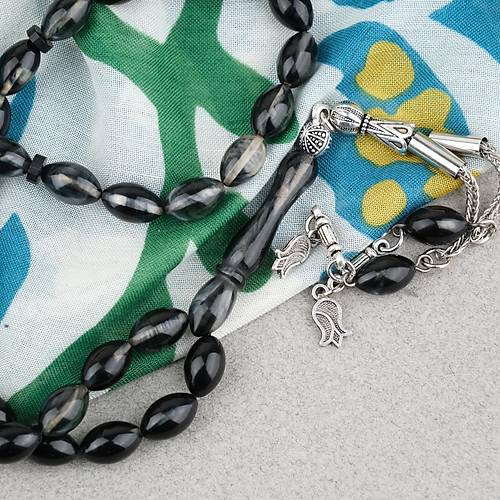S�kma Kehribar Beyzi Kesim Alpaka P�sk�ll� 7x11mm Tesbih Siyah Gri