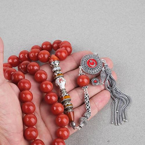 S�kma Kehribar 925Ayar G�m�� P�sk�l �zel G�m�� Nak�� �mame K�re Kesim 13mm Tesbih