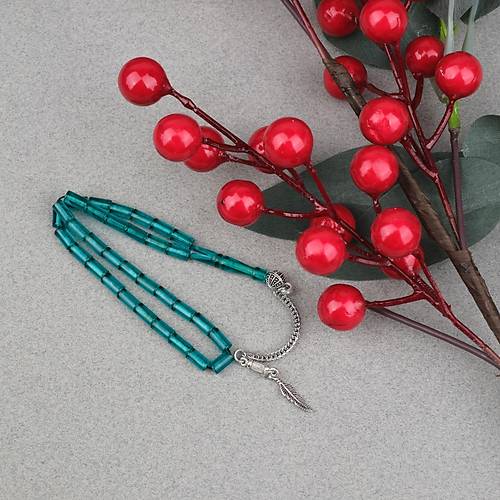 Ate� Kehribar Alpaka P�sk�ll� Kesme Kesim 4x7mm Tesbih- Turkuaz Ye�ili