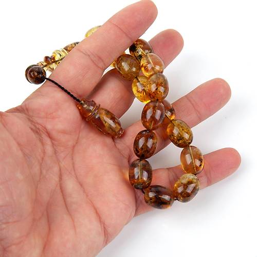 Dominik Mavi Kaya Fosil Amber Badem Kesim  12x15.5mm Maskot Tesbih (26.8gr)