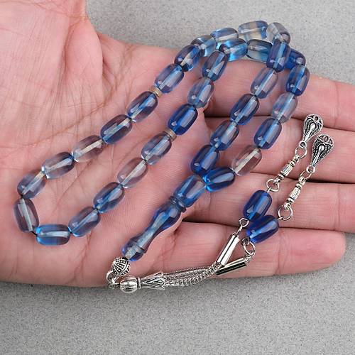 S�kma Kehribar Kaps�l Kesim Alpaka P�sk�ll� 7x11mm Tesbih A��k Mavi