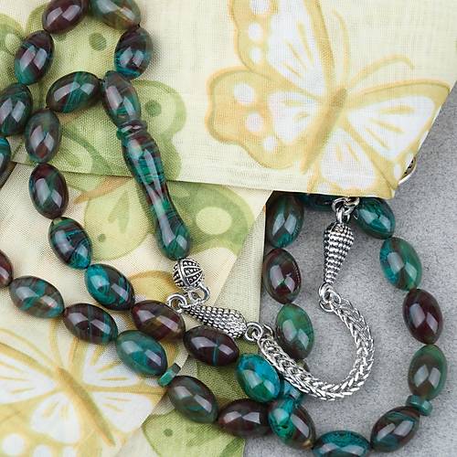 S�kma Kehribar Alpaka P�sk�ll� Beyzi Kesim 7x11mm Tesbih- Krem Ye�il