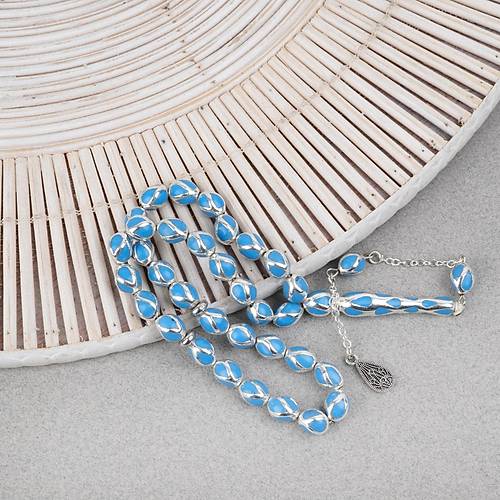 G�m�� Kaplama Kafesli Mine Beyzi 7x9mm Tesbih -Mavi