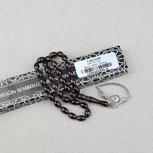 S�kma Kehribar Alpaka P�sk�ll� Beyzi Kesim 7x11mm Tesbih- Kahverengi