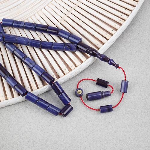 S�kma Kehribar Usta ��i �mzal� Kesme Kesim 7x10mm Tesbih - Lacivert
