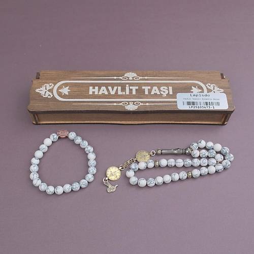 Beyaz Havlit Do�al Ta� Bileklik+ Tesbih Set Kahverengi Ah�ap Kutulu