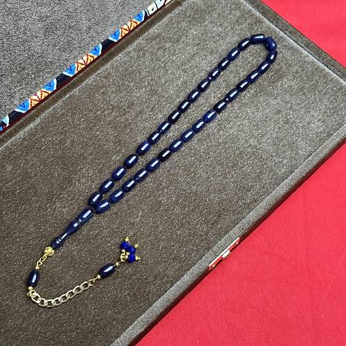 S�kma Kehribar Kaps�l Kesim Alt�n Renk P�sk�ll� 7x11mm Tesbih Petrol Mavisi